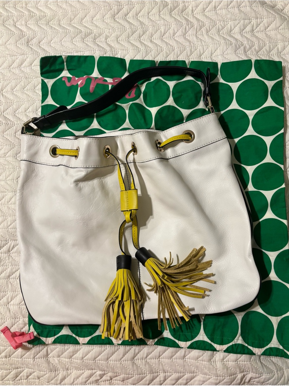 White Leather Boden Bucket Bag with Yellow Tassels